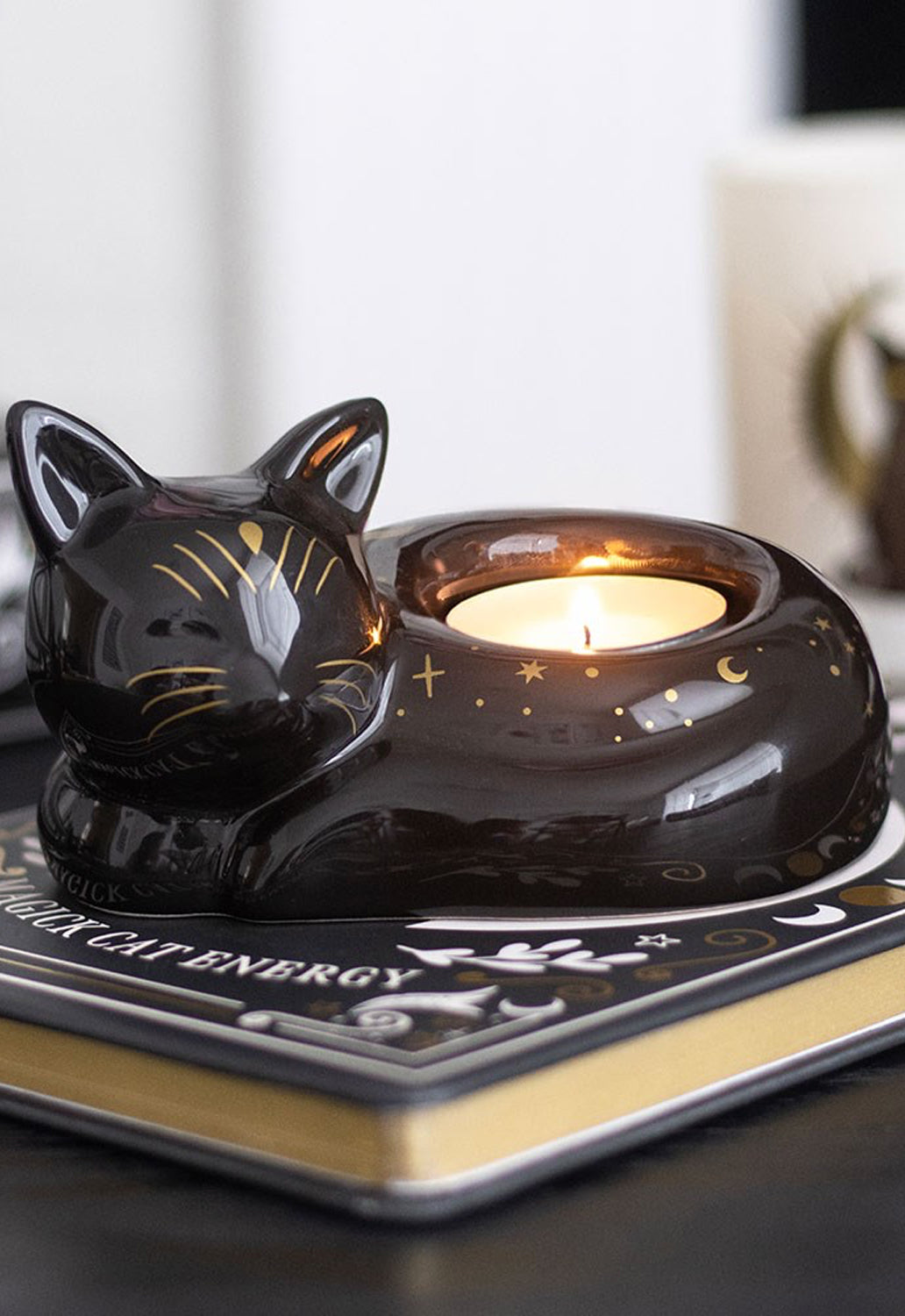 Black Cat Magick Curled Cat Tealight Holder