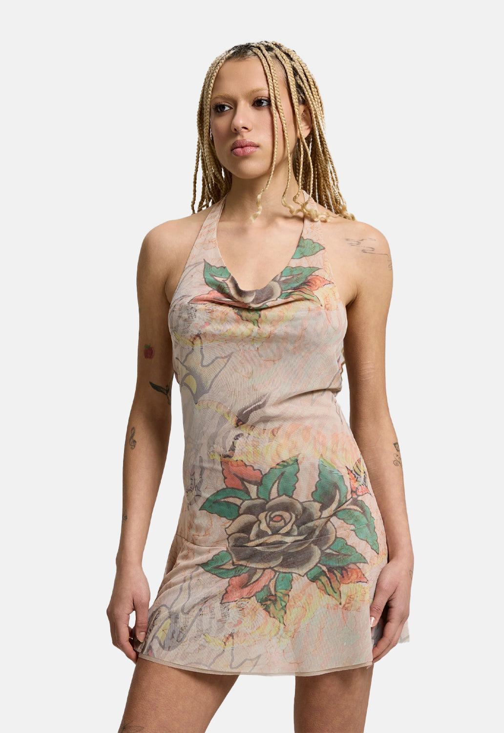 Tiger Print Cowl Mesh Dress