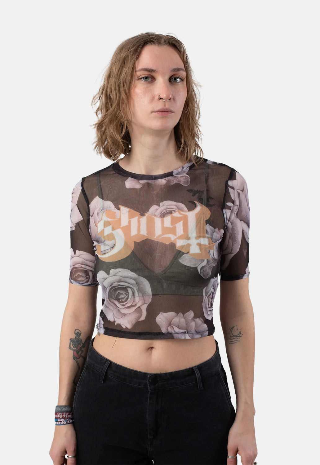 Logo & Roses Mesh Crop Top