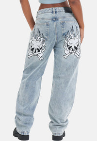 Flaming Skull Relax Denim Jeans