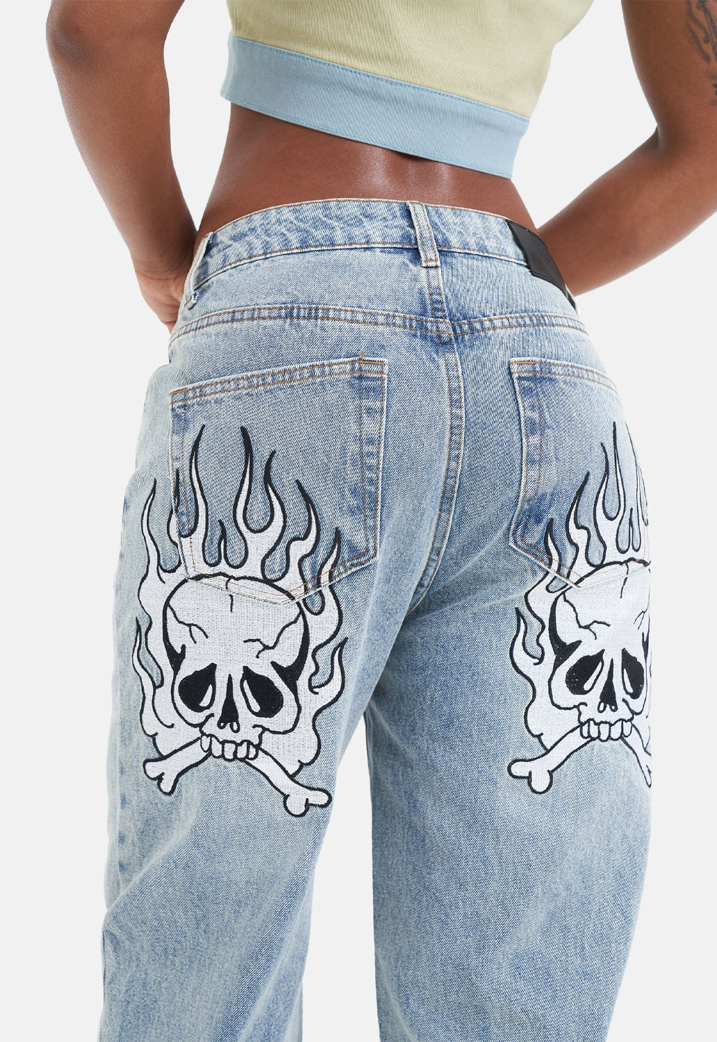 Flaming Skull Relax Denim Jeans