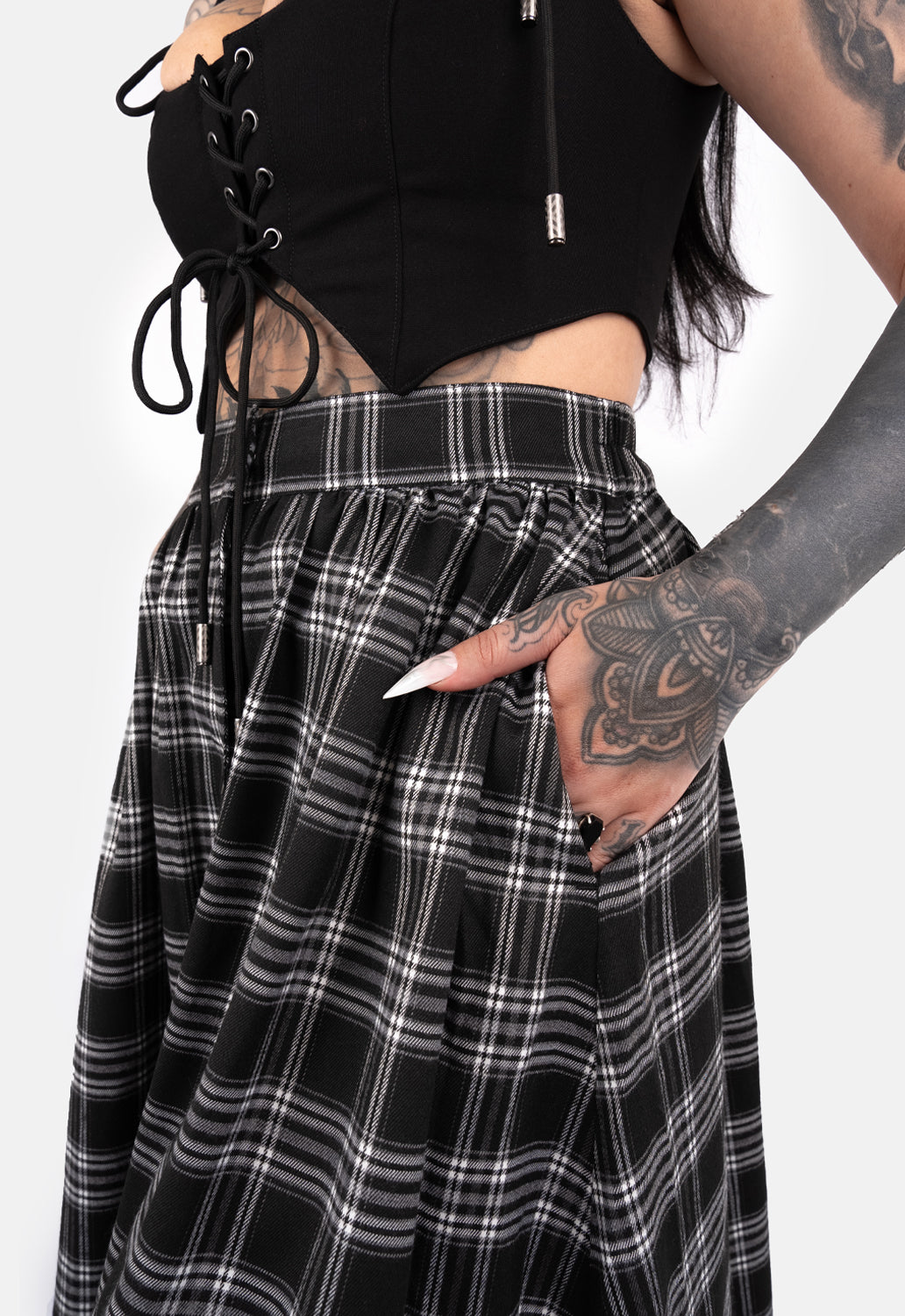 Rave Dip Hem Check Maxi Skirt