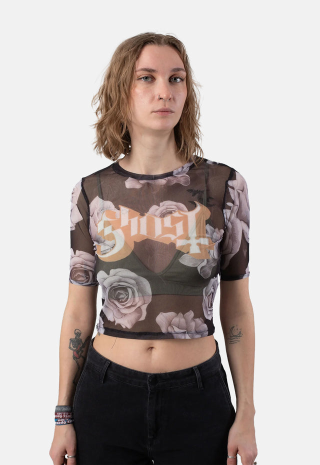 Logo & Roses Mesh Crop Top