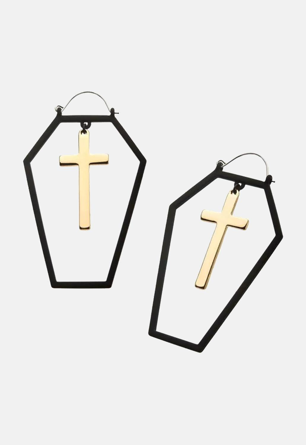 Gold Cross Coffin Plug Hoops